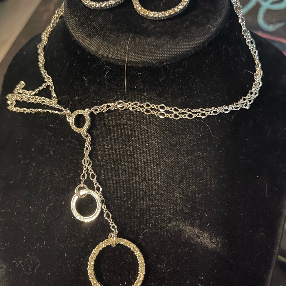 Avon Silver Crystal Double Circle Drop Necklace